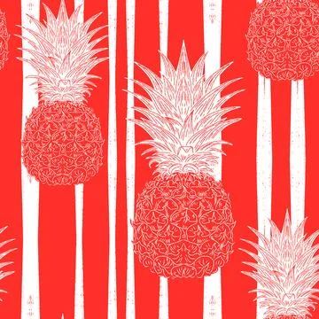 Seamless vintage-style pattern with hand-drawn pineapples over striped backgr Ilustração Stock