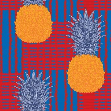 Seamless vintage-style pattern with hand-drawn pineapples over striped backgr Ilustração Stock