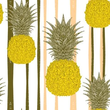 Seamless vintage-style pattern with hand-drawn pineapples over striped backgr Ilustração Stock