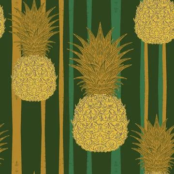 Seamless vintage-style pattern with hand-drawn pineapples over striped backgr Ilustração Stock
