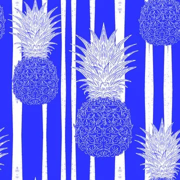 Seamless vintage-style pattern with hand-drawn pineapples over striped backgr Ilustração Stock