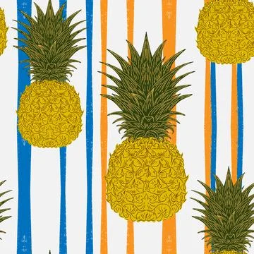 Seamless vintage-style pattern with hand-drawn pineapples over striped backgr Ilustração Stock
