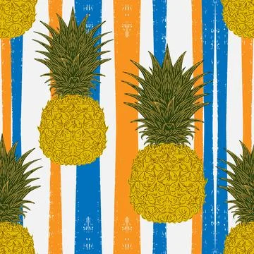 Seamless vintage-style pattern with hand-drawn pineapples over striped backgr Ilustração Stock