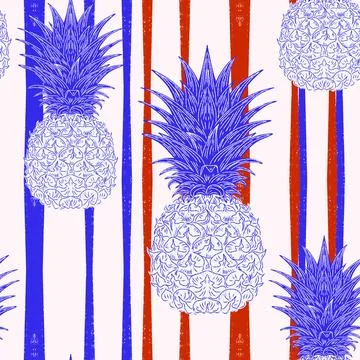 Seamless vintage-style pattern with hand-drawn pineapples over striped backgr Ilustração Stock