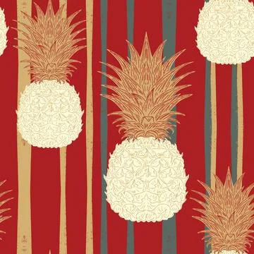 Seamless vintage-style pattern with hand-drawn pineapples over striped backgr Ilustração Stock