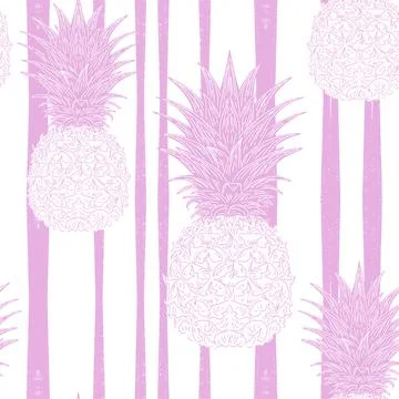 Seamless vintage-style pattern with hand-drawn pineapples over striped backgr Stock-Illustration