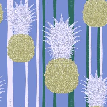 Seamless vintage-style pattern with hand-drawn pineapples over striped backgr Stock Illustration