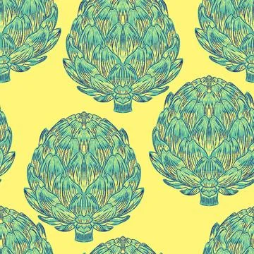 Seamless vintage-style pattern with hand-drawn artichokes. Mediterranean-insp Stock Illustration