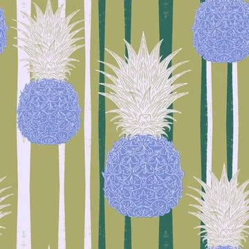 Seamless vintage-style pattern with hand-drawn pineapples over striped backgr Stock Illustration