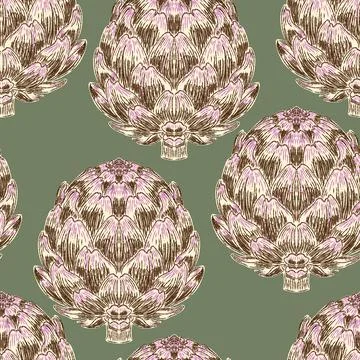 Seamless vintage-style pattern with hand-drawn artichokes. Mediterranean-insp Stock Illustration