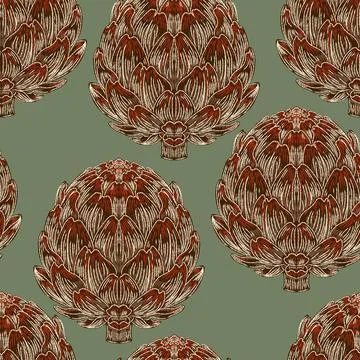 Seamless vintage-style pattern with hand-drawn artichokes. Mediterranean-insp Stock Illustration