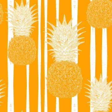 Seamless vintage-style pattern with hand-drawn pineapples over striped backgr Ilustração Stock