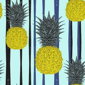 Seamless vintage-style pattern with hand-drawn pineapples over striped backgr Stock-Illustration