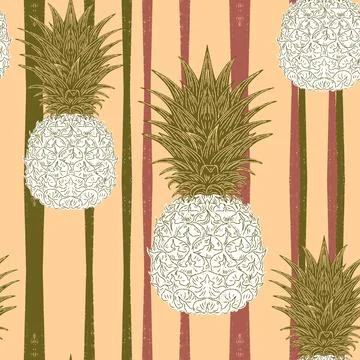 Seamless vintage-style pattern with hand-drawn pineapples over striped backgr Ilustração Stock