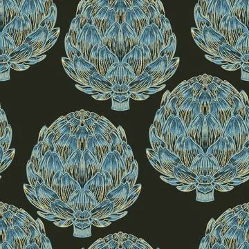 Seamless vintage-style pattern with hand-drawn artichokes. Mediterranean-insp Stock Illustration