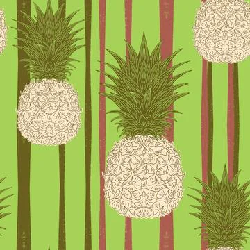 Seamless vintage-style pattern with hand-drawn pineapples over striped backgr Ilustração Stock