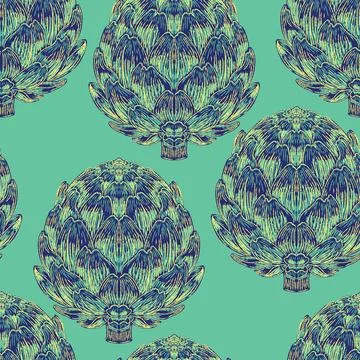 Seamless vintage-style pattern with hand-drawn artichokes. Mediterranean-insp Stock Illustration