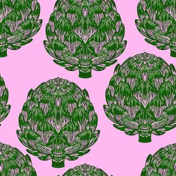 Seamless vintage-style pattern with hand-drawn artichokes. Mediterranean-insp Stock Illustration