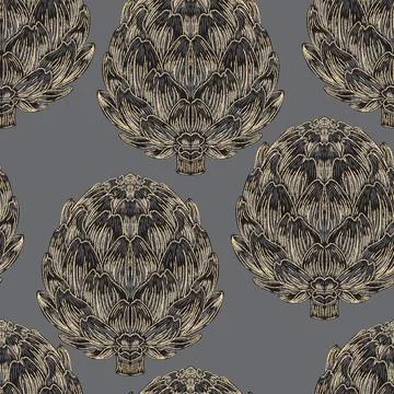 Seamless vintage-style pattern with hand-drawn artichokes. Mediterranean-insp Stock Illustration