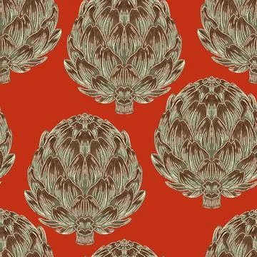 Seamless vintage-style pattern with hand-drawn artichokes. Mediterranean-insp 스톡 일러스트