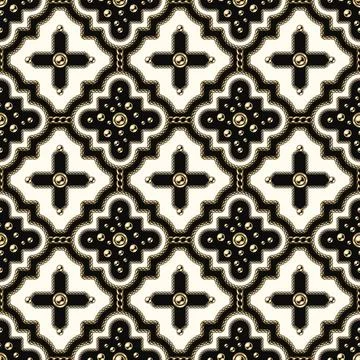 Seamless vintage tile pattern with rhombuses grid, gold chains, beads, button Stock Illustration