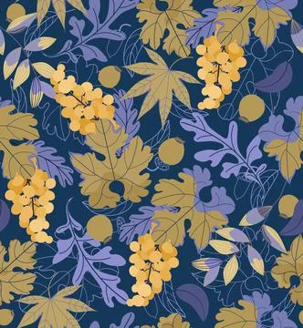 Seamless vintage vector pattern with yellow grapes and green and violet leaves Illustrazione stock