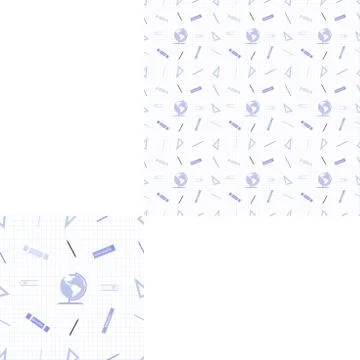 Seamless violet pattern with globe, books, rulers, pencils on a checkered bac Stock Illustration