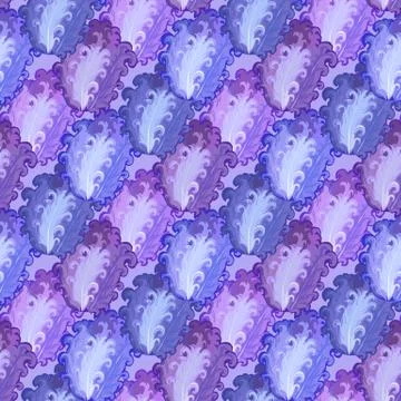 Seamless violet peacock feather vector pattern background. Stock Illustration