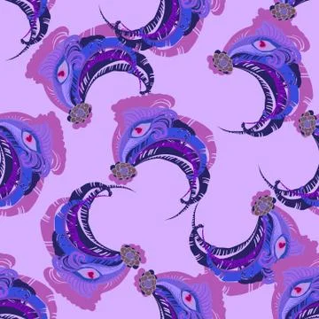 Seamless violet peacock feather vector pattern background. Stock Illustration