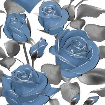 Seamless wallpaper pattern with of blue roses and silver details, vector Stock Illustration