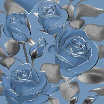 Seamless wallpaper pattern with of blue roses and silver details, vector Illustrazione stock