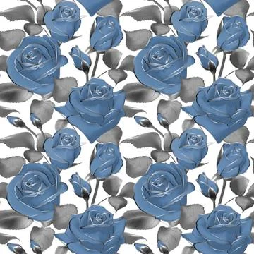 Seamless wallpaper pattern with of blue roses and silver details, vector Illustrazione stock