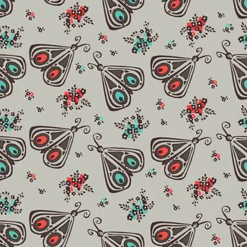 Seamless wallpaper pattern. Cartoon drawn moth. Vector illustration. Illustrazione stock