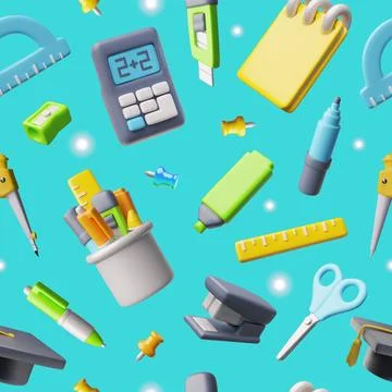 Seamless wallpaper with stationery, calculator, notepad, scissors, ruler on a Stock Illustration