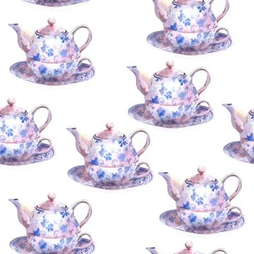 Seamless watercolor background with teapots Stock Illustration