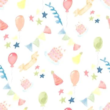 Seamless Watercolor Birthday party pattern. Stock Illustration