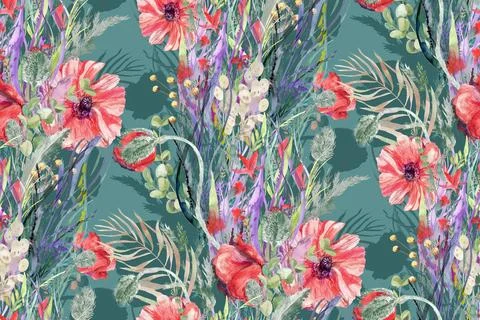 Seamless watercolor botanical pattern with red poppy flowers for summer design Stock Illustration