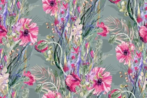 Seamless watercolor botanical pattern with red poppy flowers for summer design Illustrazione stock