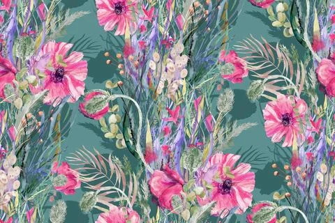 Seamless watercolor botanical pattern with red poppy flowers for summer design Stock Illustration