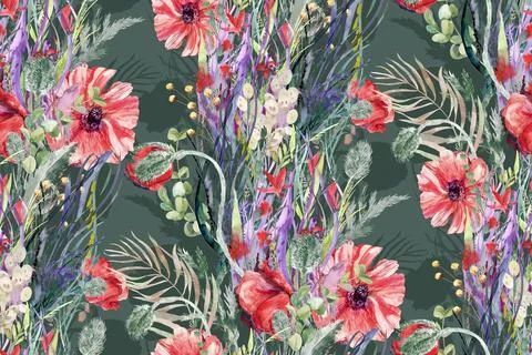 Seamless watercolor botanical pattern with red poppy flowers for summer design Stock Illustration