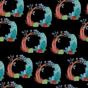 Seamless watercolor cactus pattern on black background Illustrazione stock