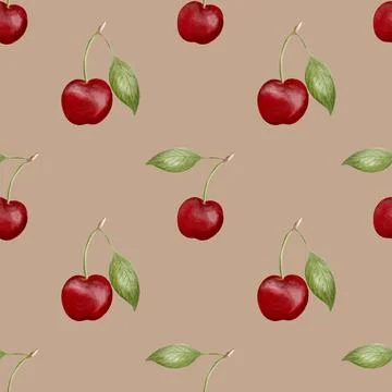 Seamless watercolor cherry pattern for textile and packaging designs Stock Photos