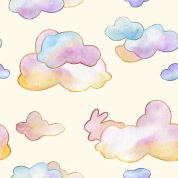 Seamless watercolor  childish pattern fairy rainbow clouds on pastel yellow b Stock Illustration