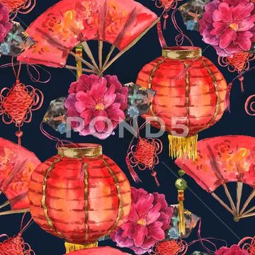 Seamless Watercolor Chinese New Year Background Stock Illustration
