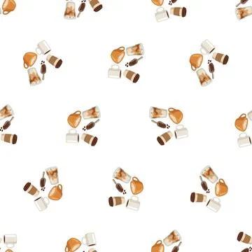 Seamless watercolor coffee pattern with mugs and cups on white background. Illustrazione stock