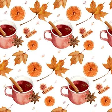Seamless watercolor drawing with fall elements, foliage, cup of tea, cinnamon 库存插图