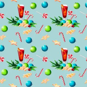 Seamless watercolor festive pattern with mulled wine, colorful Christmas ba.. Stock Illustration