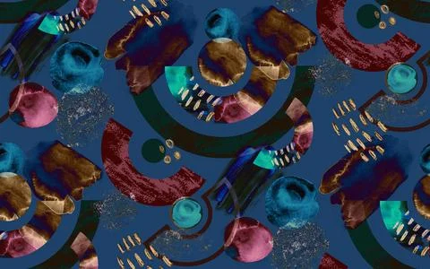 Seamless watercolor geometric pattern with circles and semicircles on dark blue Stock Illustration