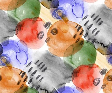 Seamless watercolor geometric pattern with multicolored circles for surface Stock Illustration