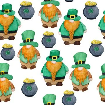 Seamless watercolor hand drawn pattern with St Patricks day parade elements Stock Illustration